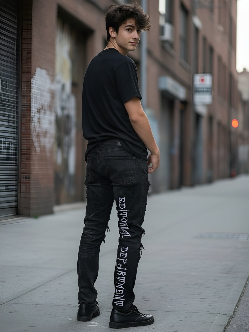Jeans stone wash black embroidered words on back leg grunge goth torn distressed